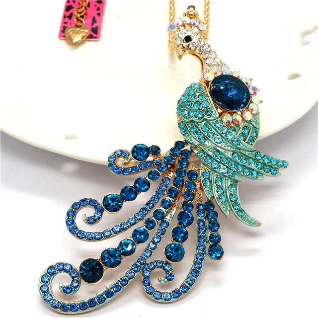 Rhinestone Peacock Blue Crystal Pendant Betsey Johnson Chain Necklace Gift