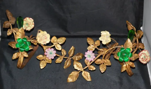 Antique Gilded Metal Porcelain  And Crystal Flowers Drapery Tie Backs - A Pair