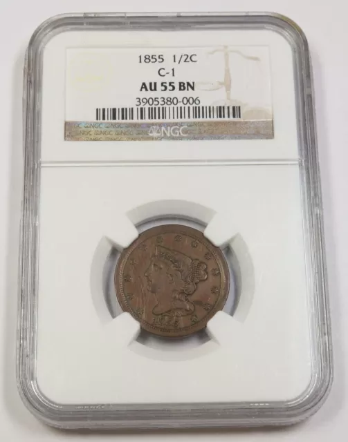 1855 P PCGS AU55 BN Brown | Braided Hair Half Cent - 1/2c US Coin #41777A