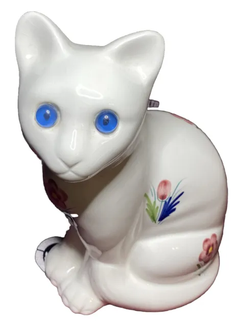 Ceramic Cat Elpa Alcobaca Portugal White W/ Flowers Blue Glass Eyes 8.5" T.  See