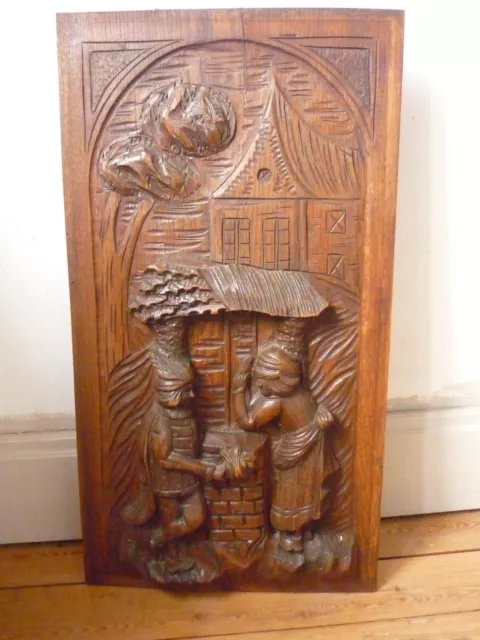 Large French Antique Deeply Carved Panel Solid Oak with Man and Woman