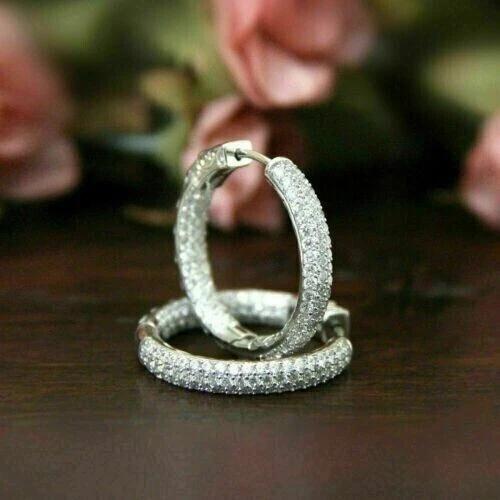 1.15Ct Round Lab Created Diamond Pave Set Hoop Earrings 14K White Gold Plated