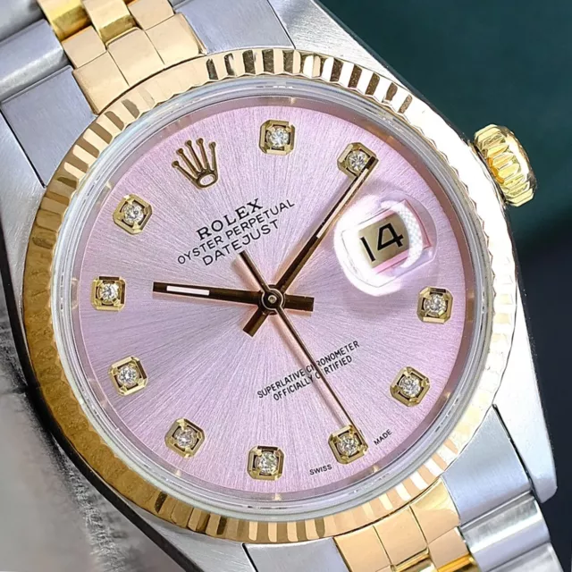 Rolex Mens Datejust  18K Gold  & Steel Pink Diamond Dial 36Mm Watch 16233