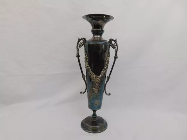 Eberle Silverplated Handled Vase Floral Detail Nice Patina 13.25" Tall