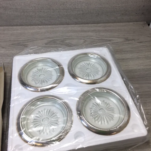 Vintage Silver Plate & Clear Glass Drinks Coasters Set of 4 Starburst boxed