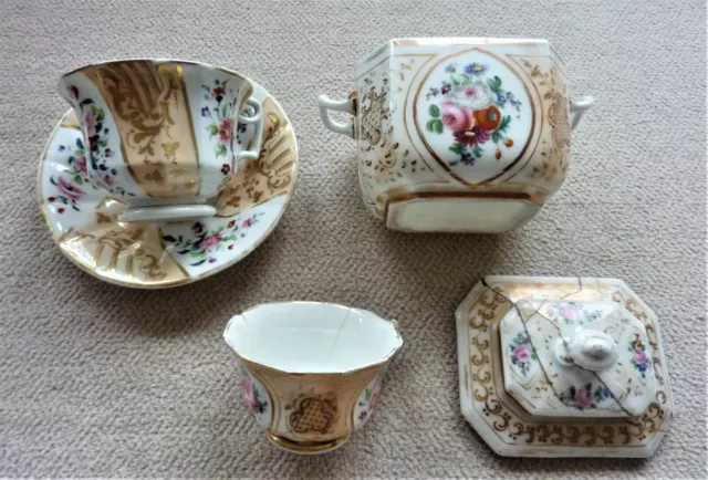 Ensemble Ancien 2 Tasses + Soucoupes + Sucrier En Porcelaine De Paris Peint Main