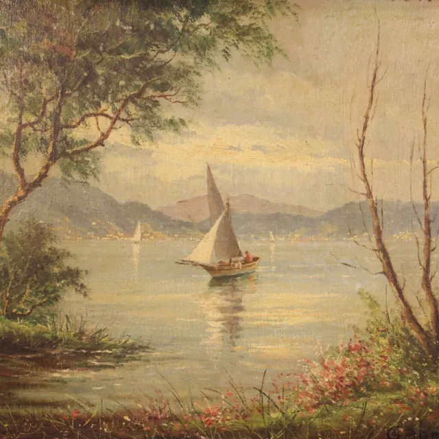 Tableau huile toile paysage signé vue lac style ancien peinture 20ème siècle