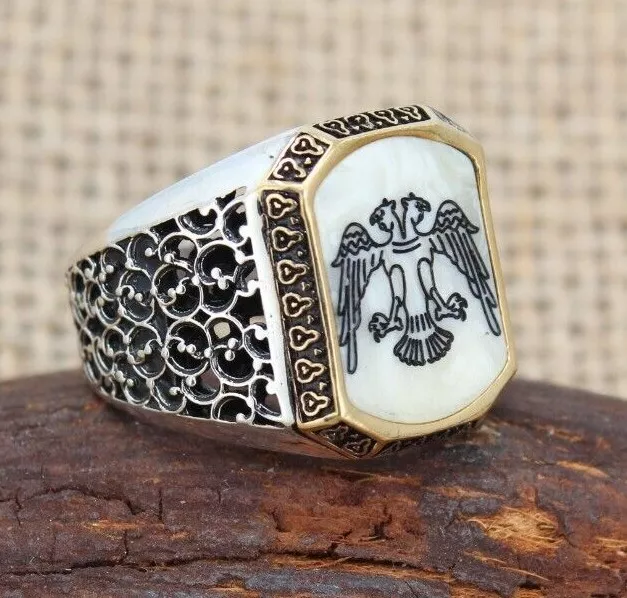 Mother of Pearl With Double Headed Eagle Solid 925 Sterling Silver Men's Ring