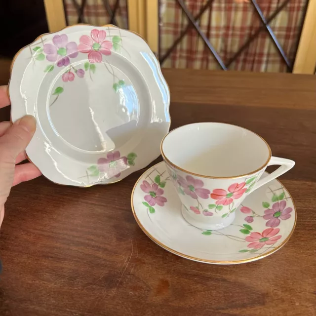 Phoenix Bone China Vintage Tea Trio Cup Saucer Side Plate Pink Purple Floral