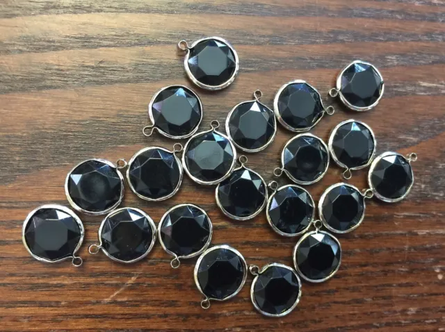 Vintage Silver Plate Black Lucite Faceted Bezel Charms Drops Link Finding Lot