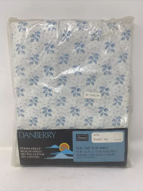 VINTAGE SEARS ROEBUCK Danberry Full Flat Muslin Sheet Blue & White ...