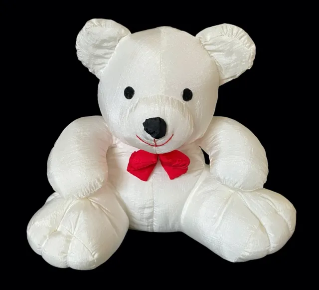 D & K Stores White Teddy Bear Nylon Plush Red Bow Vintage Stuffed Animal 9.5"