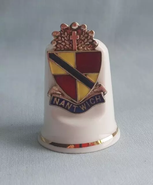 Watsons Bone China Thimble with Metal & Enamel Coat of Arms Badge - Nantwich