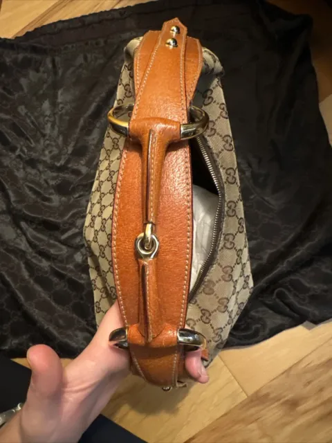 Gucci Auth GG Medium Brown Beige Canvas Leather Horsebit Hobo Bag Great Condit