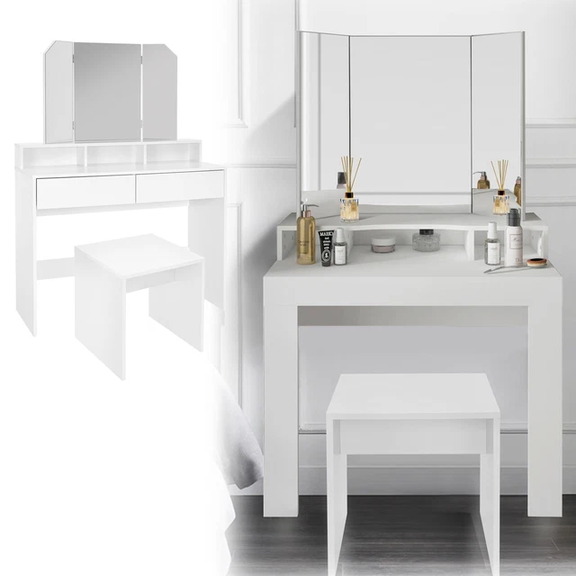 Coiffeuse Table de toilette Table de maquillage + LED + tabouret Maria