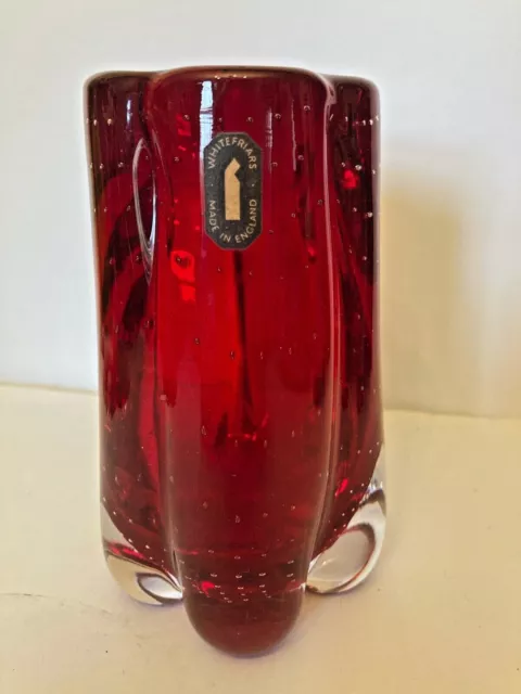 1960s Vintage Whitefriars British Ruby Red Glass Lobed Vase - Controlled Bubbles