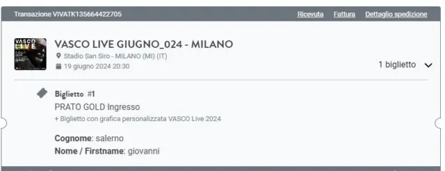 Vasco Rossi Prato Gold Ingresso Anticipato 19 Giugno San Siro - Fans Club