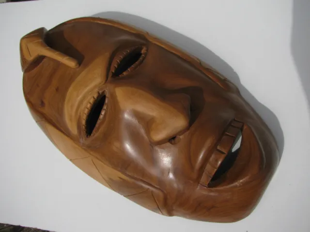 Vintage Hand Carved Mahogany Wood Grain African Mask Eyes Nose Mouth Cut Out