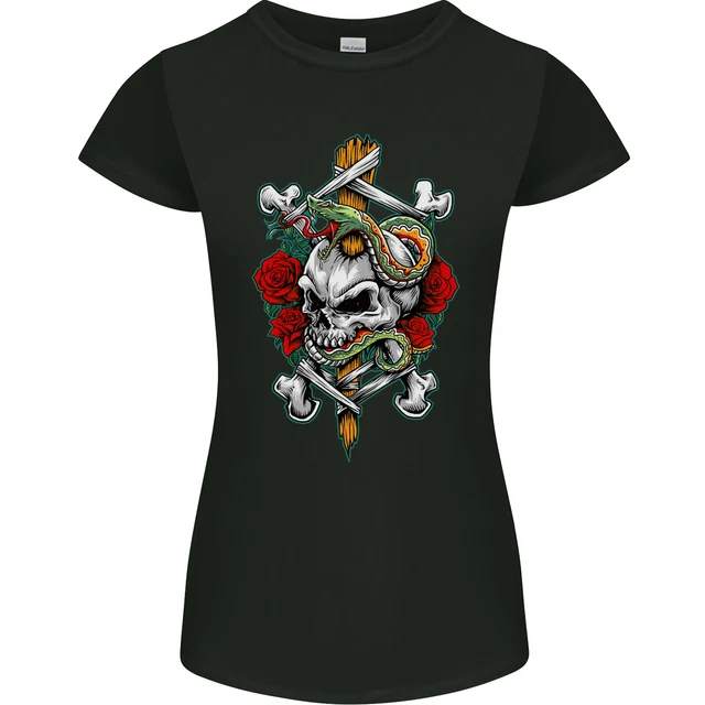 Skull and Snake Biker Heavy Metal Gothic Womens Petite Cut T-Shirt