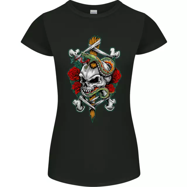 T-shirt da donna Skull and Snake Biker heavy metal gotica petite cut
