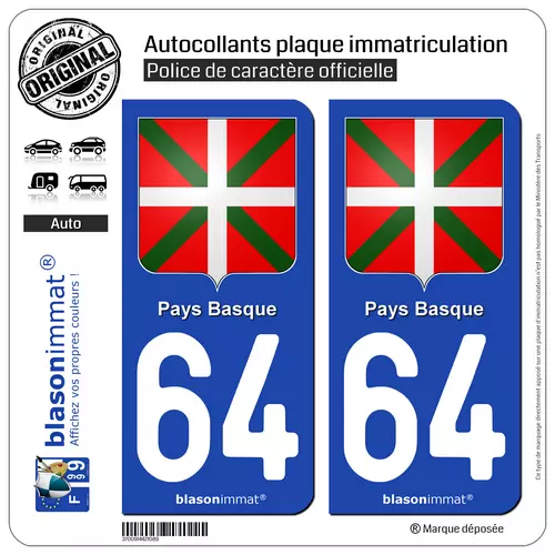 2 Stickers autocollant plaque immatriculation : 64 Pays Basque - Ecusson