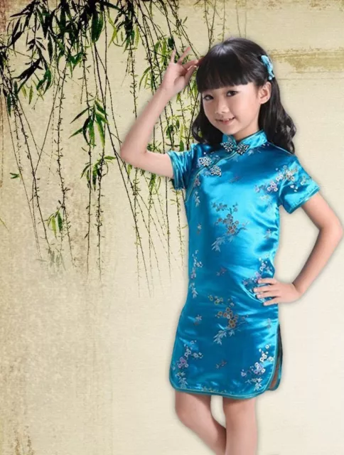Chinese Oriental Childrens Girls Flower Blue Satin Qipao Cheongsam Dress gcd8