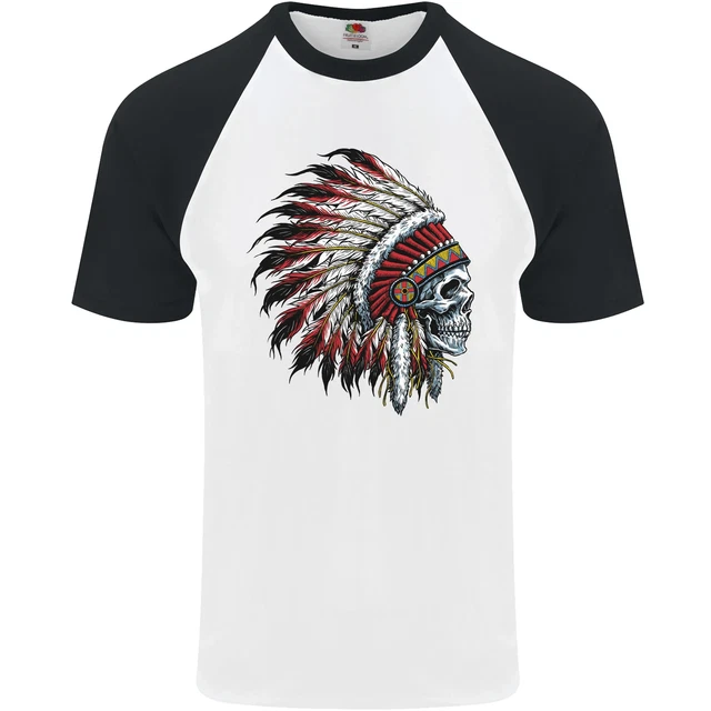 Indian Skull Headdress Biker Motorbike Mens S/S Baseball T-Shirt