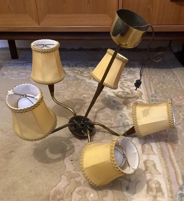 Vintage /retro 5 arm ceiling light chandelier- wood/ brass with fabric shades.