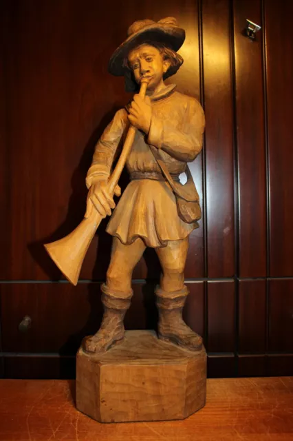 Antique 20" Wood Hand Carved German Medieval Musician Troubadour Statue Figure