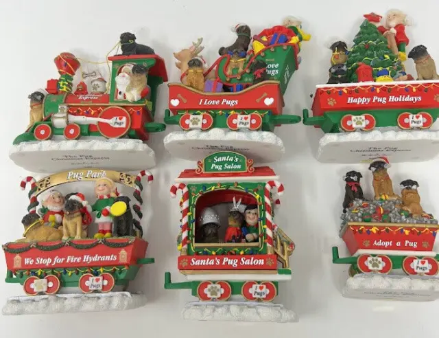 Danbury Mint Pug Park Dog Holiday Christmas Express Train 6 Figurines