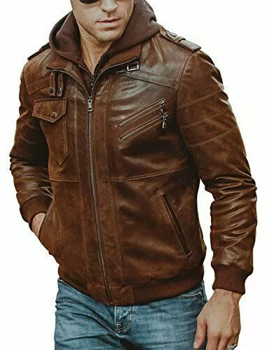 Mens Biker Vintage Brown Motorcycle Cafe Racer Real Leather Detach Hood Jacket