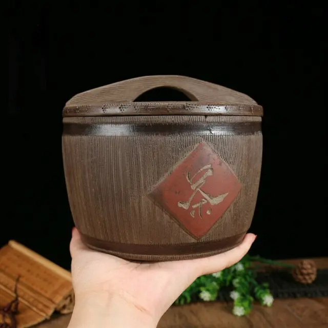 5.1" China Yixing Zisha Purple Clay Wooden Barrel Shape Tea Storage Canister