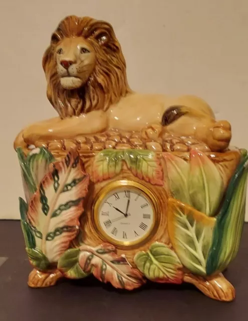 FITZ AND FLOYD Exotic Jungle Lion Lidded Box with Inset Clock