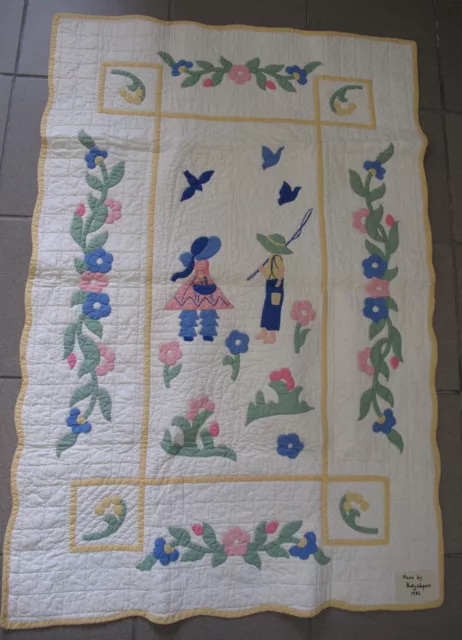 Quilt Baby hand made appliqué 1936 Boy Girl Fishing museum quality maker tag