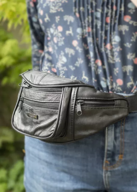 Men's Leather Zipped Bumbag Waist Bag with Webbed Strap and Security Pocket