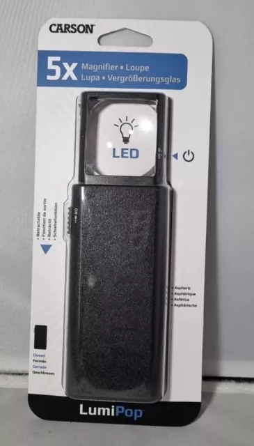 Pocket Magnifier 5x Power Aspheric Lens LED Light Carson LP-66 LumiPop Pop-Out