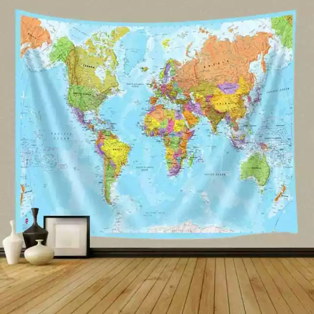 World Map Wall Art Poster Vintage Tapestry Wall Hanging Large Fabric Blue