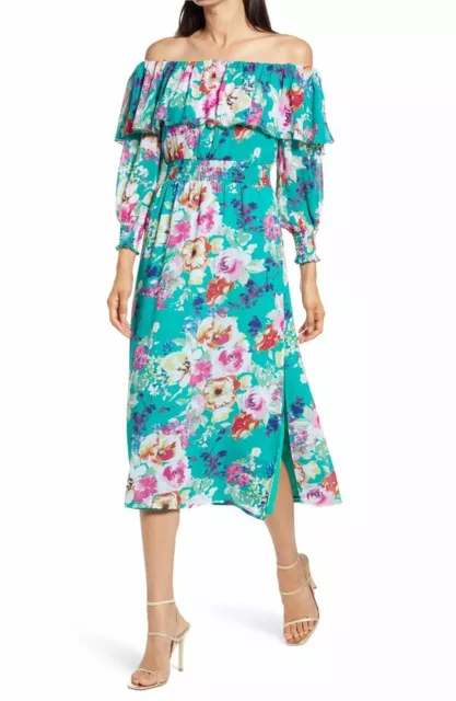 CHARLES HENRY Floral Off The Shoulder Long Sleeve Midi Dress Atlantis Roses XS