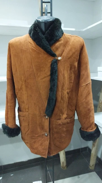 Manteau En Cuir De Mouton Shearling Vintage Noir - Taille 44 - Années 80 - Occasion Très Bon État