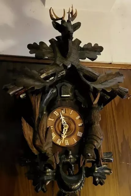 Antique German Hunters Cuckoo Clock Carved Wood  PARTS-REPAIR