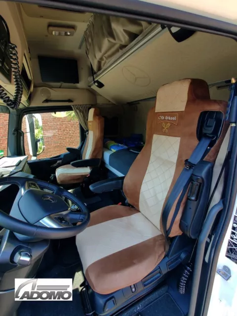 Adomo LKW-Shop, Sitzbezüge für Actros MP5 und MP4, schwarz braun,  Beifahrersitz klappbar , old skool, 8cm Kopfstützen