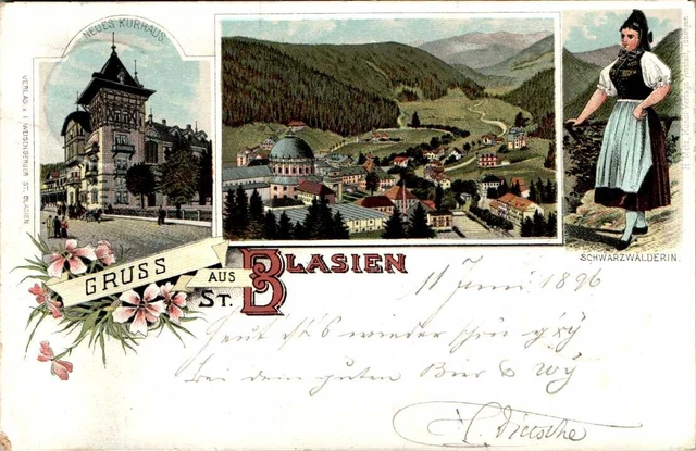 LITHO GRUß AUS ST BLASIEN KR. WALDSHUT NEUES KURHAUS 3 BILD COL. 1896 BADEN W.