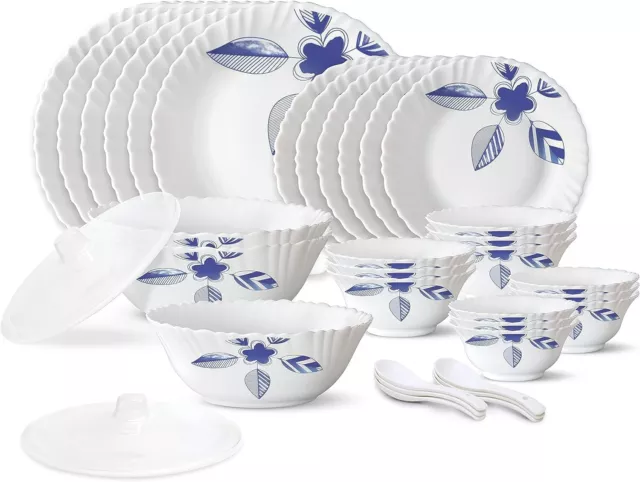 Borosil Gourmet Dinnerware Set For 6, 35 Pieces, White Dinner Plates and Bowls