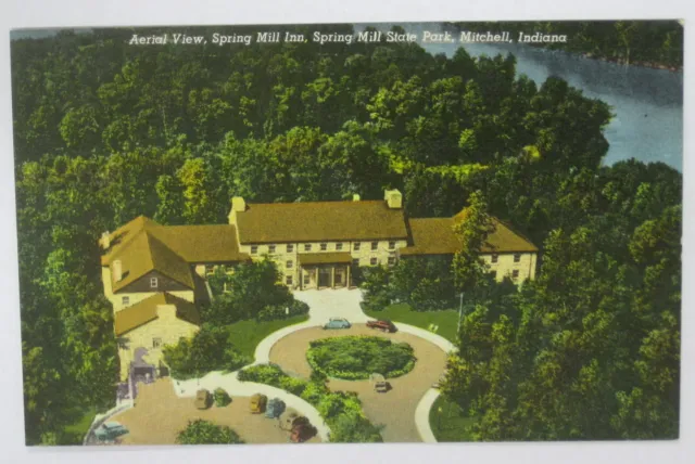Vtg Aerial View Spring Mill Inn Postcard-Spring Mill State Park-Mitchell Indiana