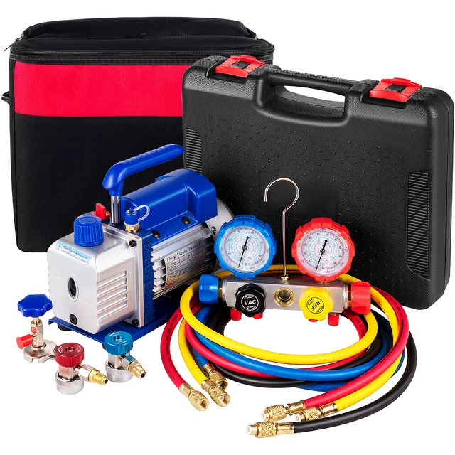 4CFM 1/4HP Air Vacuum Pump Single Stage 1 Valve AC Manifold Pressure Gauge Set