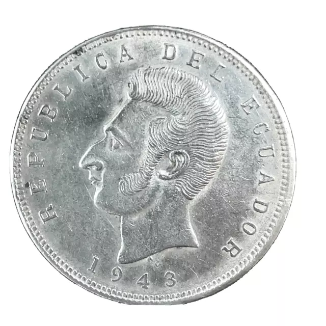 Ecuador 5 Sucres 1943 Mexico City Mint AU/UNC. Silver Coin #4 KM#79