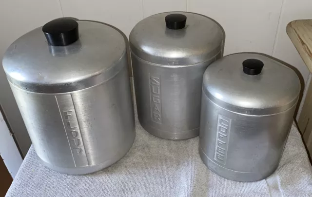 3 Vintage Aluminum Kitchen Canister’s Flour Sugar Coffee Nesting Made In Italy