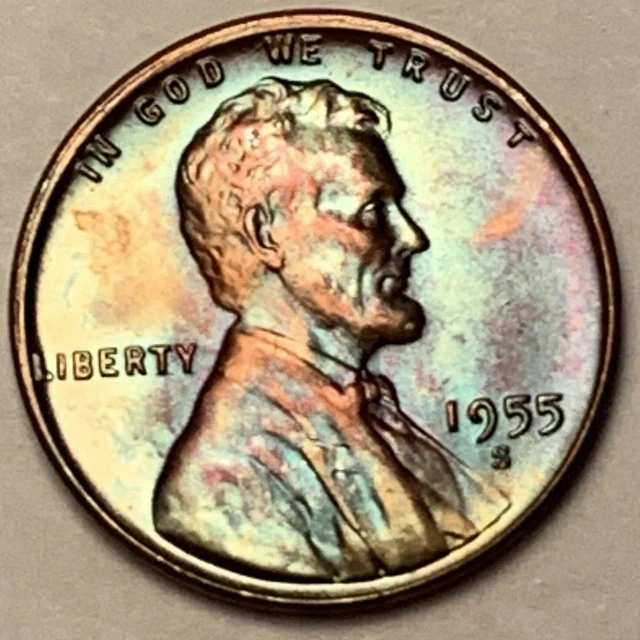 1955-S Lincoln Wheat Penny Cent Unc Choice Toning Bu Color Neon Blue Gem (Dr)