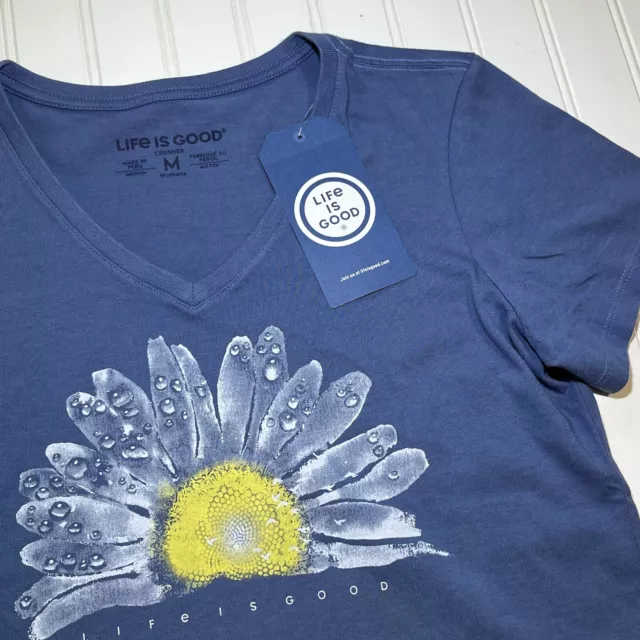 Life Is Good Womens Medium Daisy Flower V-neck T Shirt Crusher Blue NWT