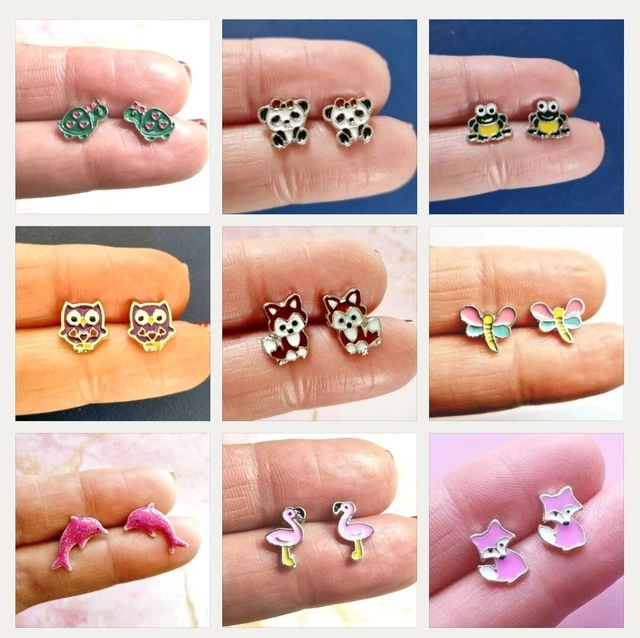 Orecchini Borchie Argento Animali Carini Quirky Kawaii Pesce Volpe Panda Rana Bird, & altro
